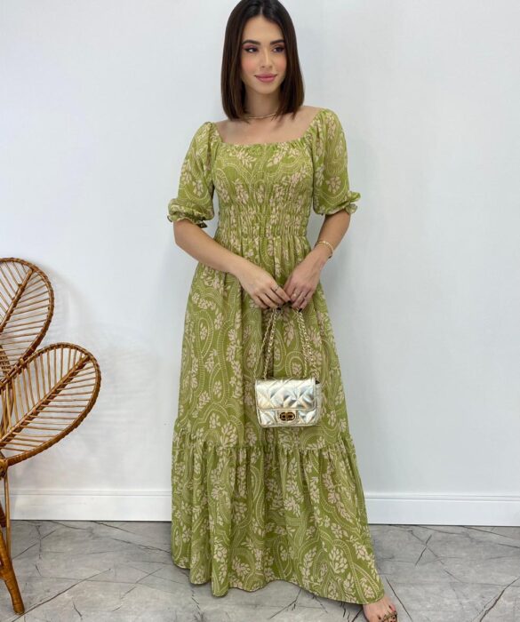 Vestido Longo sem Bojo Lavínia com Lastex Estampado Verde - Fernanda Ramos Store