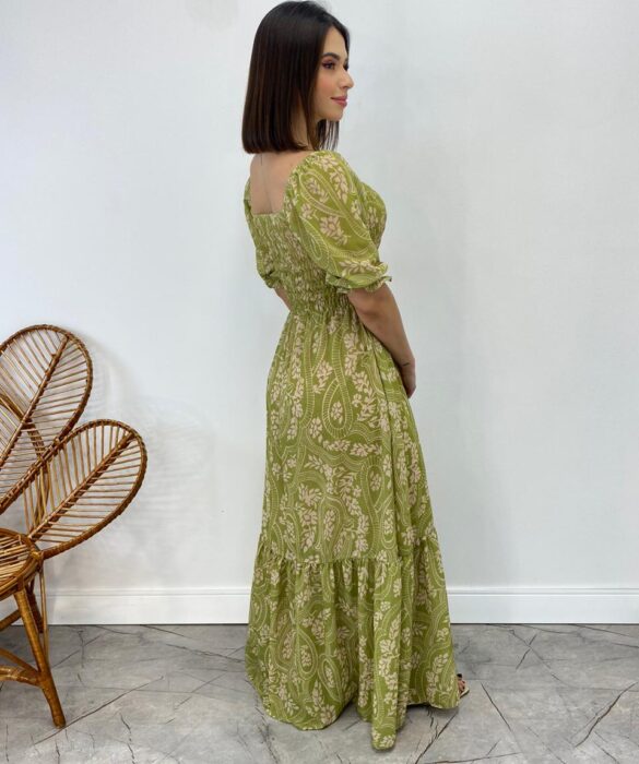 Vestido Longo sem Bojo Lavínia com Lastex Estampado Verde - Fernanda Ramos Store