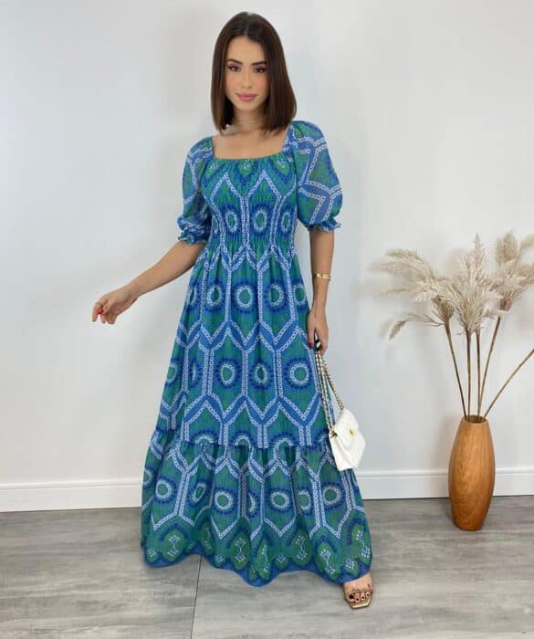 Vestido Longo sem Bojo Luna com Lastex Estampado Azul - Fernanda Ramos Store