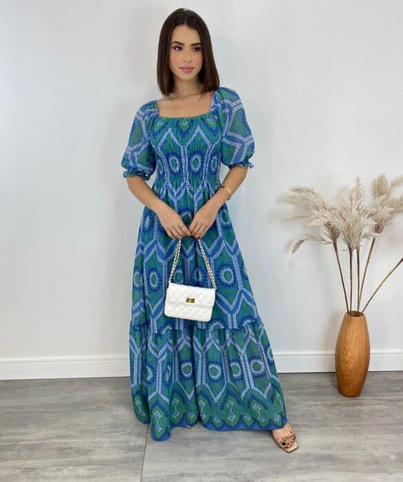 Vestido Longo sem Bojo Luna com Lastex Estampado Azul - Fernanda Ramos Store