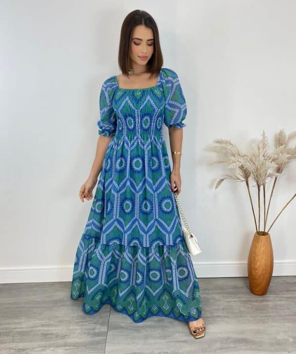 Vestido Longo sem Bojo Luna com Lastex Estampado Azul - Fernanda Ramos Store