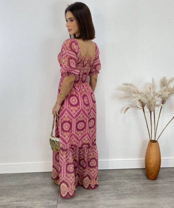 Vestido Longo sem Bojo Luna com Lastex Estampado Rosa - Fernanda Ramos Store