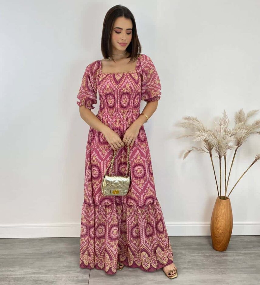 Vestido Longo sem Bojo Luna com Lastex Estampado Rosa - Fernanda Ramos Store