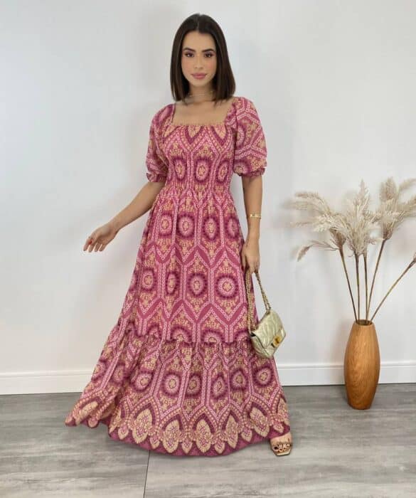 Vestido Longo sem Bojo Luna com Lastex Estampado Rosa - Fernanda Ramos Store