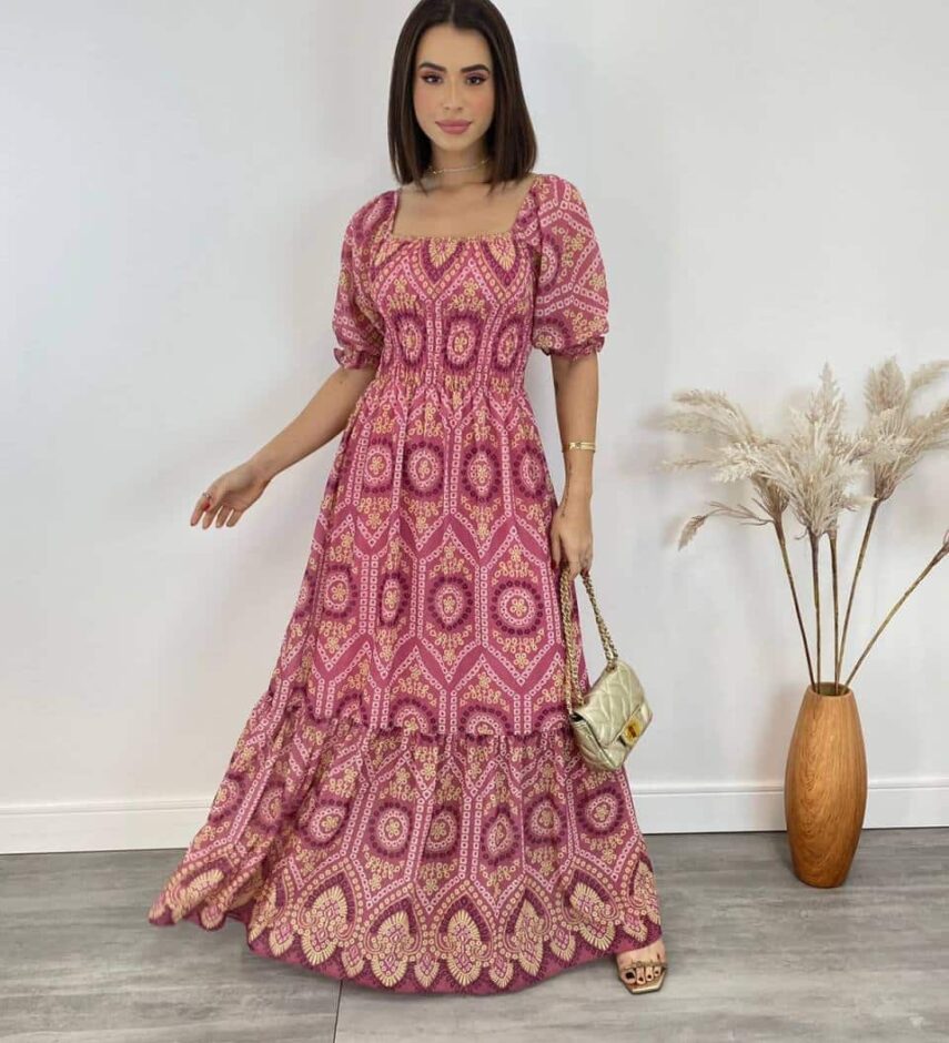 Vestido Longo sem Bojo Luna com Lastex Estampado Rosa - Fernanda Ramos Store