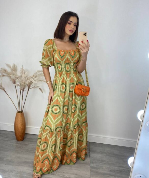 Vestido Longo sem Bojo Luna com Lastex Estampado Verde - Fernanda Ramos Store