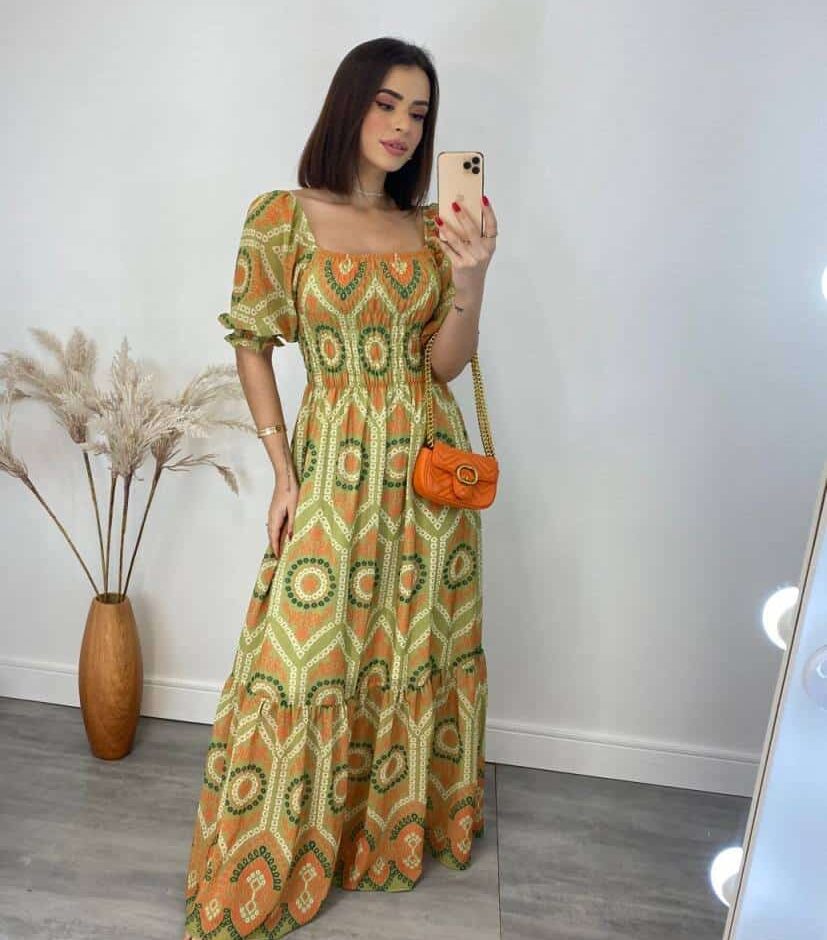 Vestido Longo sem Bojo Luna com Lastex Estampado Verde - Fernanda Ramos Store