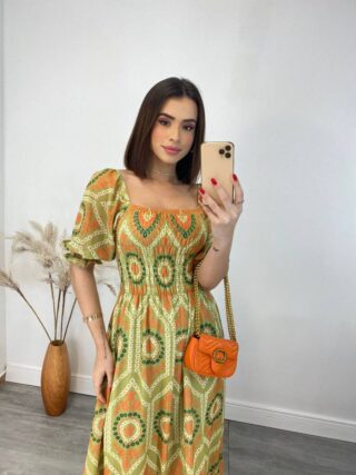 Vestido Longo sem Bojo Luna com Lastex Estampado Verde - Fernanda Ramos Store