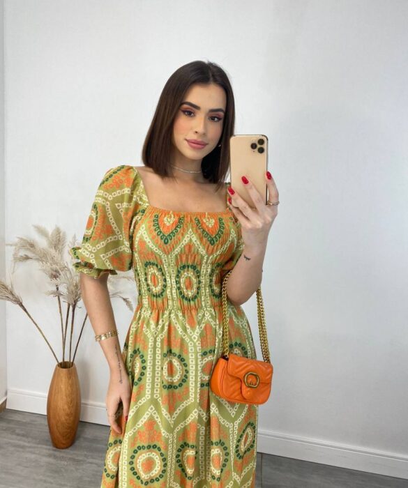 Vestido Longo sem Bojo Luna com Lastex Estampado Verde - Fernanda Ramos Store