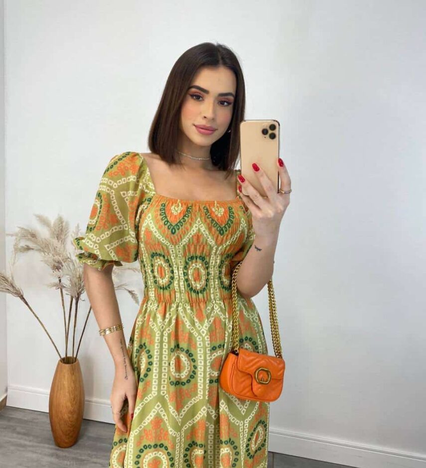 Vestido Longo sem Bojo Luna com Lastex Estampado Verde - Fernanda Ramos Store