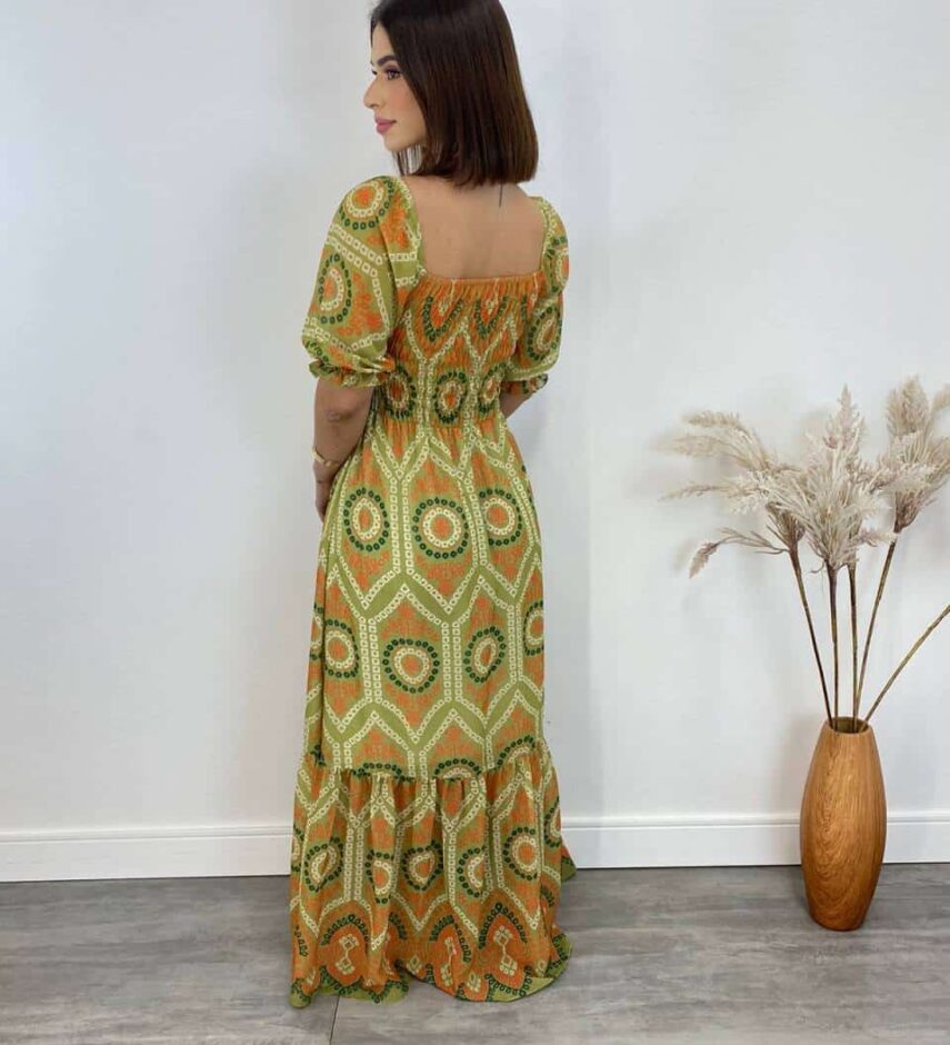 Vestido Longo sem Bojo Luna com Lastex Estampado Verde - Fernanda Ramos Store
