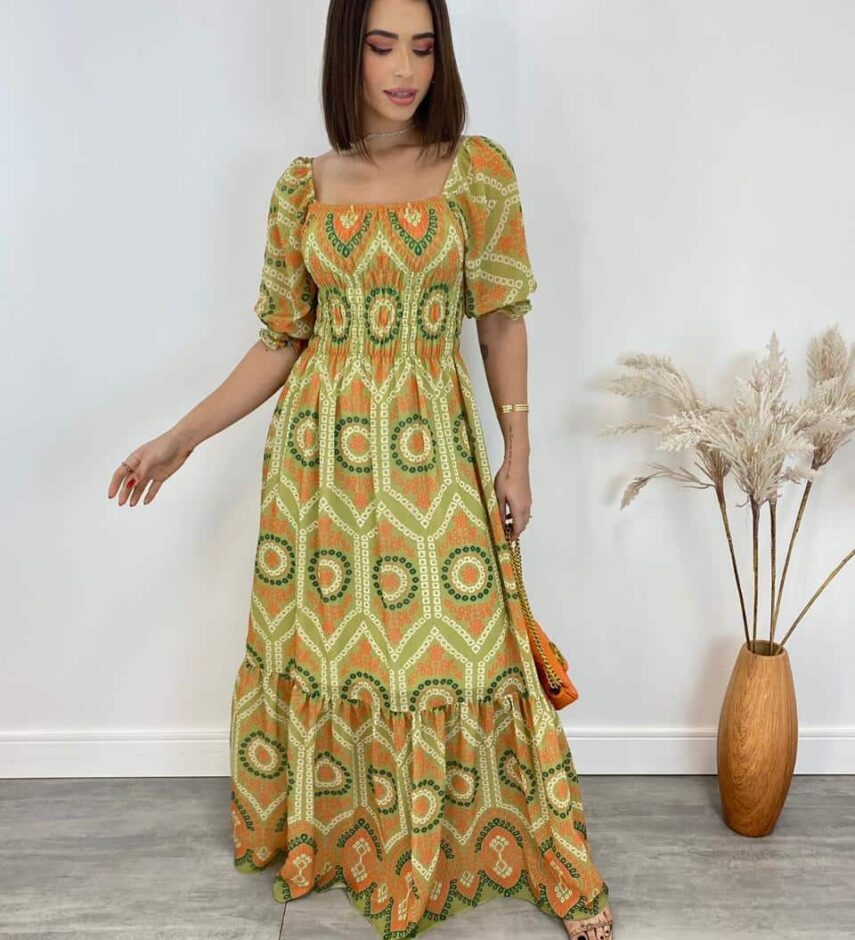 Vestido Longo sem Bojo Luna com Lastex Estampado Verde - Fernanda Ramos Store