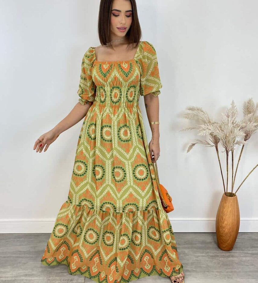 Vestido Longo sem Bojo Luna com Lastex Estampado Verde - Fernanda Ramos Store