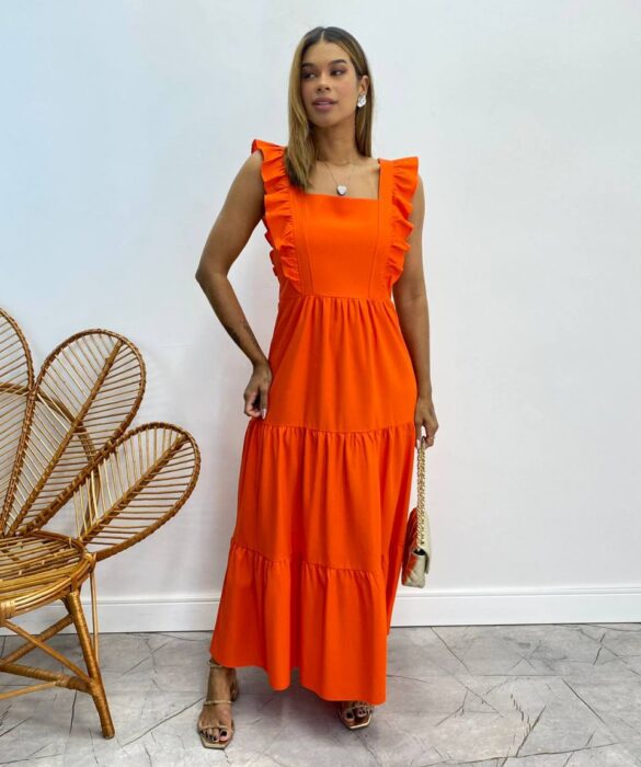 Vestido Longuete sem Bojo Duda com Babado Coral - Fernanda Ramos Store