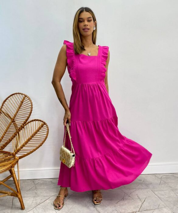 Vestido Longuete sem Bojo Duda com Babado Pink - Fernanda Ramos Store