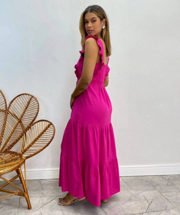 Vestido Longuete sem Bojo Duda com Babado Pink - Fernanda Ramos Store