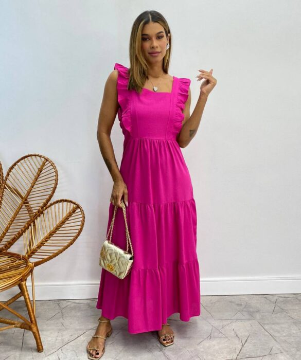 Vestido Longuete sem Bojo Duda com Babado Pink - Fernanda Ramos Store