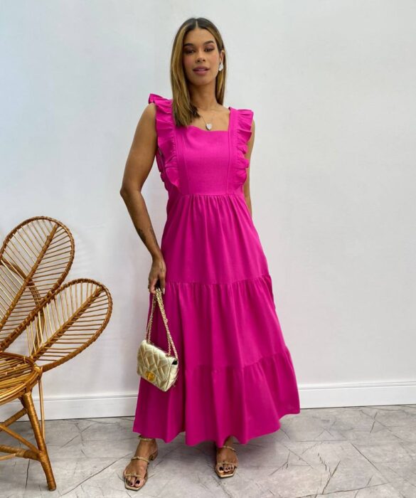 Vestido Longuete sem Bojo Duda com Babado Pink - Fernanda Ramos Store