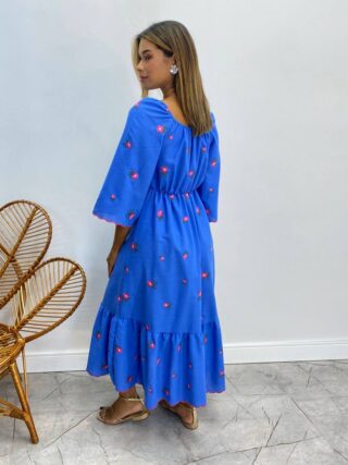 Vestido Longuete sem Bojo Manga 3/4 Bordado Floral Azul - Fernanda Ramos Store