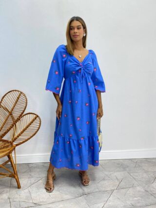 Vestido Longuete sem Bojo Manga 3/4 Bordado Floral Azul - Fernanda Ramos Store