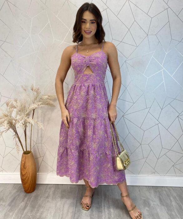 Vestido Midi com Bojo Alça Regulável Tricoline Lavínia Lilás - Fernanda Ramos Store