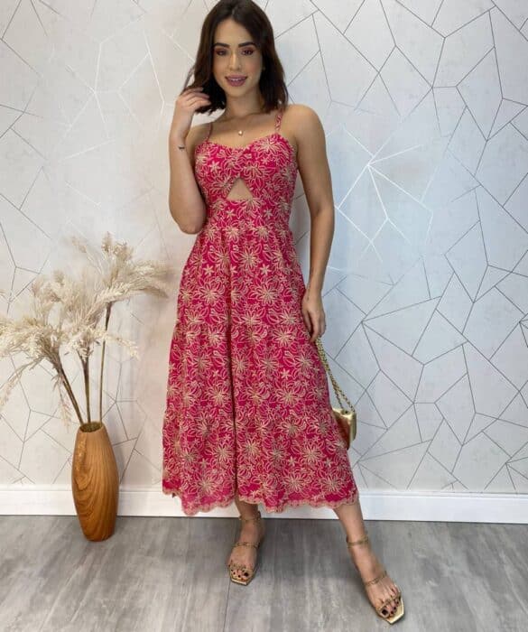 Vestido Midi com Bojo Alça Regulável Tricoline Lavínia Pink - Fernanda Ramos Store