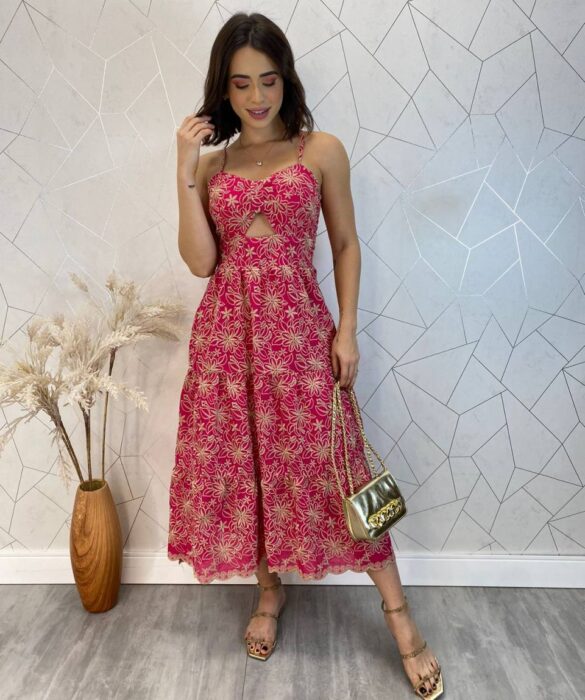 Vestido Midi com Bojo Alça Regulável Tricoline Lavínia Pink - Fernanda Ramos Store