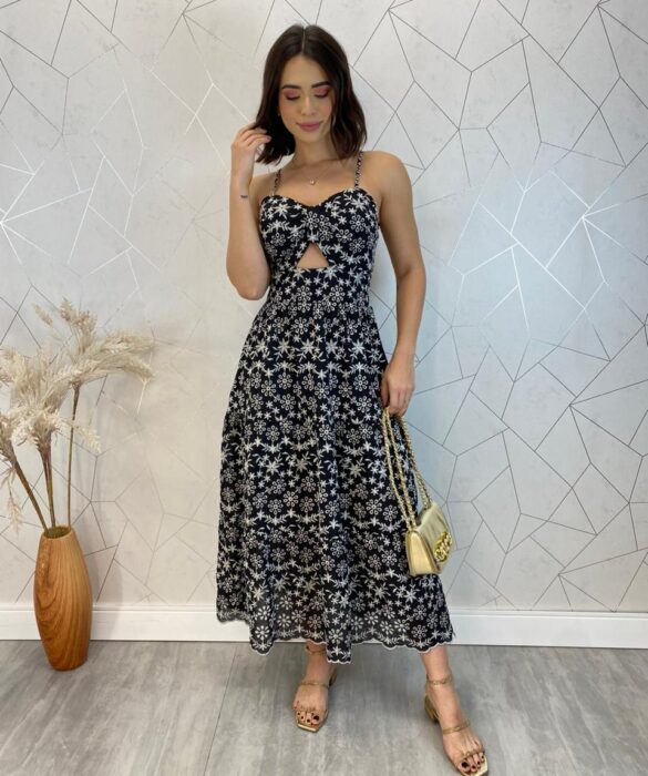 Vestido Midi com Bojo Alça Regulável Tricoline Lavínia Preto - Fernanda Ramos Store