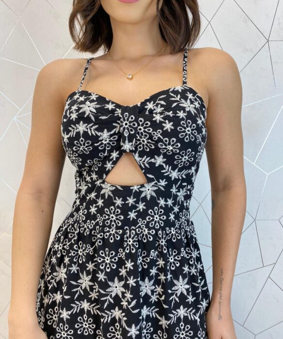 Vestido Midi com Bojo Alça Regulável Tricoline Lavínia Preto - Fernanda Ramos Store