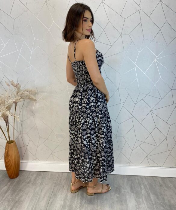 Vestido Midi com Bojo Alça Regulável Tricoline Lavínia Preto - Fernanda Ramos Store