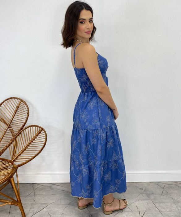 Vestido Midi com Bojo com Abertura Azul Bordado Branco - Fernanda Ramos Store