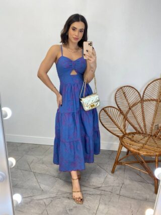 Vestido Midi com Bojo com Abertura Azul Bordado Pink - Fernanda Ramos Store