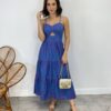 Vestido Midi com Bojo com Abertura Azul Bordado Pink - Fernanda Ramos Store