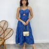 Vestido Midi com Bojo com Abertura Azul Bordado Preto - Fernanda Ramos Store