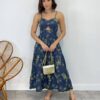 Vestido Midi com Bojo com Abertura Azul Bordado Verde - Fernanda Ramos Store