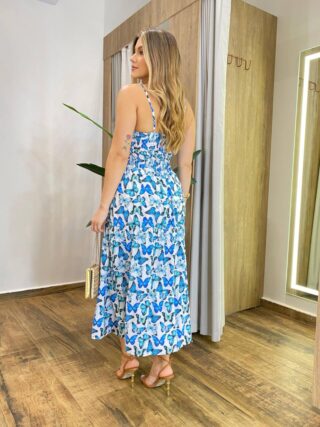 Vestido Midi com Bojo com Abertura Liz Borboletas Azul - Fernanda Ramos Store