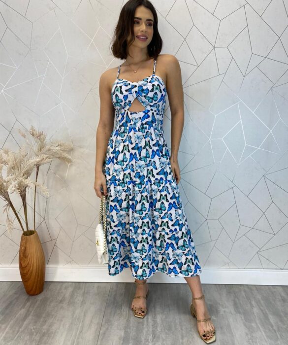 Vestido Midi com Bojo com Abertura Liz Borboletas Azul - Fernanda Ramos Store