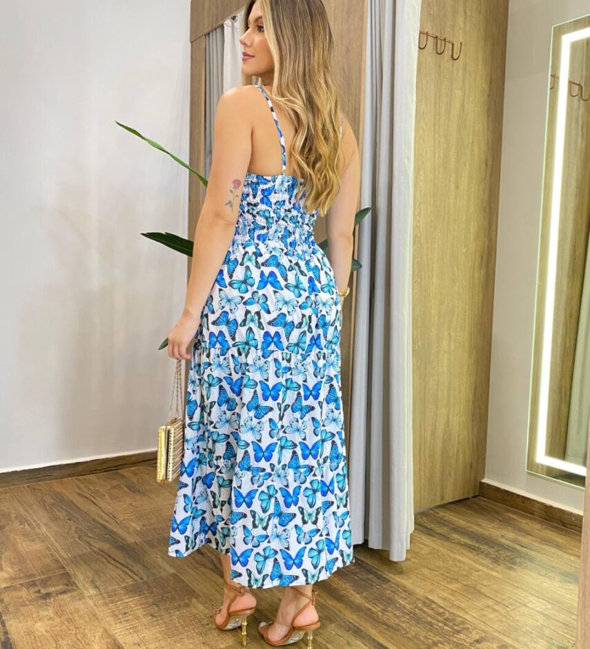 Vestido Midi com Bojo com Abertura Liz Borboletas Azul - Fernanda Ramos Store