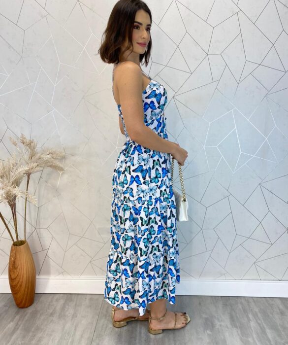 Vestido Midi com Bojo com Abertura Liz Borboletas Azul - Fernanda Ramos Store