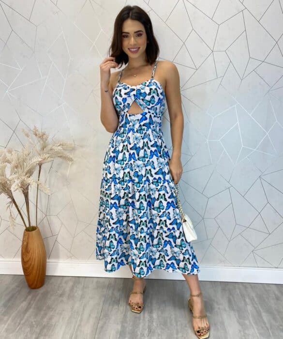 Vestido Midi com Bojo com Abertura Liz Borboletas Azul - Fernanda Ramos Store