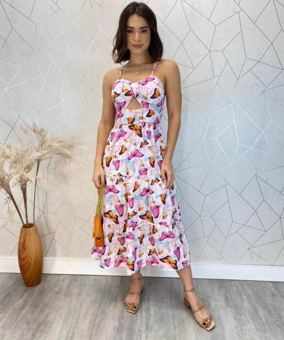 Vestido Midi com Bojo com Abertura Liz Borboletas Fúcsia - Fernanda Ramos Store