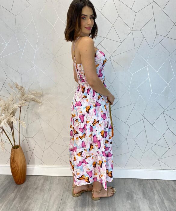 Vestido Midi com Bojo com Abertura Liz Borboletas Fúcsia - Fernanda Ramos Store