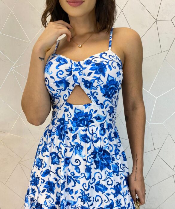 Vestido Midi com Bojo com Abertura Liz Estampa Azul - Fernanda Ramos Store