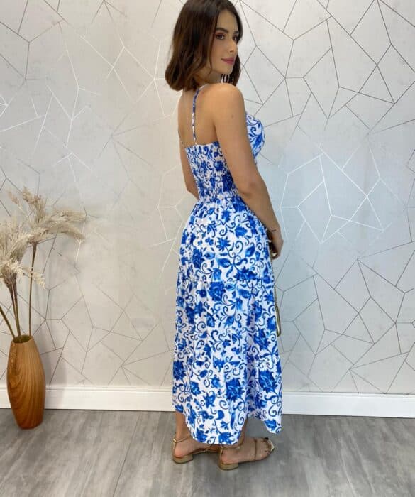 Vestido Midi com Bojo com Abertura Liz Estampa Azul - Fernanda Ramos Store