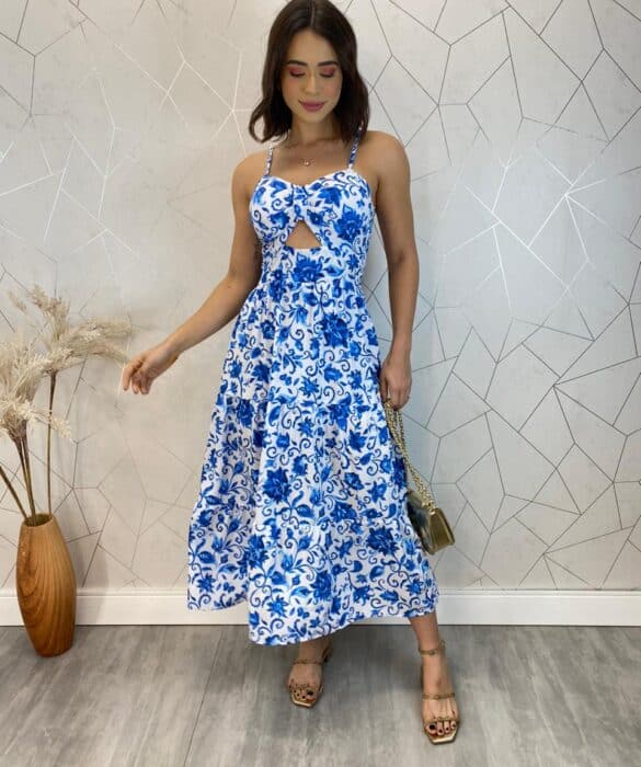 Vestido Midi com Bojo com Abertura Liz Estampa Azul - Fernanda Ramos Store