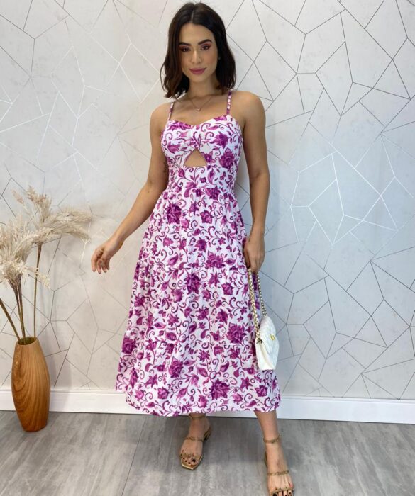 Vestido Midi com Bojo com Abertura Liz Estampa Fúcsia - Fernanda Ramos Store