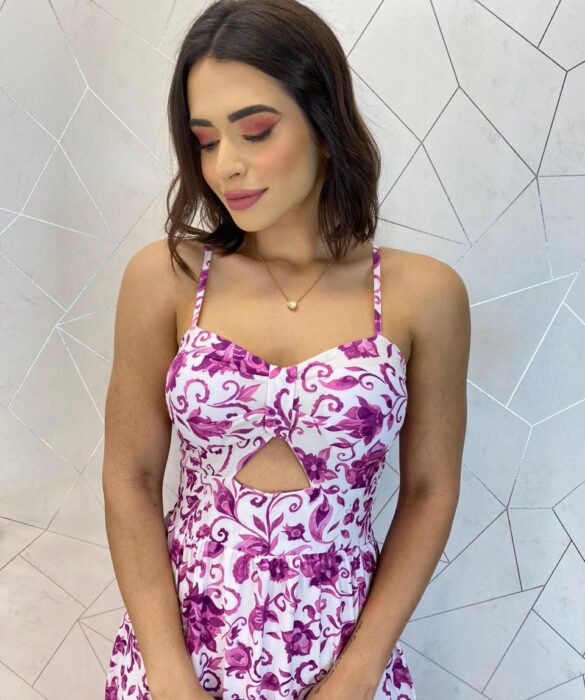 Vestido Midi com Bojo com Abertura Liz Estampa Fúcsia - Fernanda Ramos Store