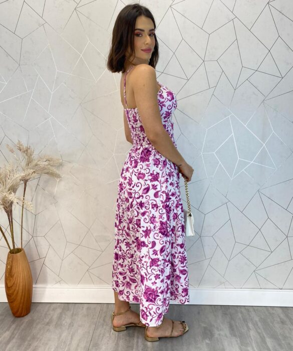 Vestido Midi com Bojo com Abertura Liz Estampa Fúcsia - Fernanda Ramos Store