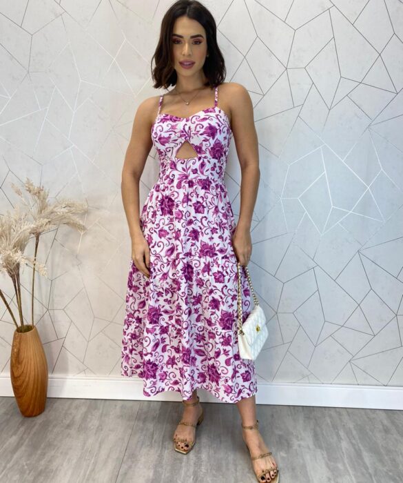 Vestido Midi com Bojo com Abertura Liz Estampa Fúcsia - Fernanda Ramos Store