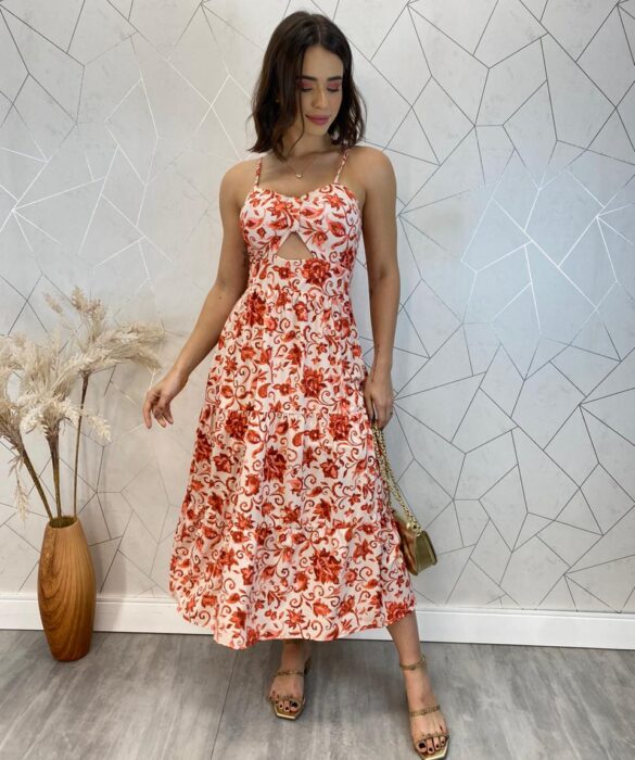 Vestido Midi com Bojo com Abertura Liz Estampa Laranja - Fernanda Ramos Store